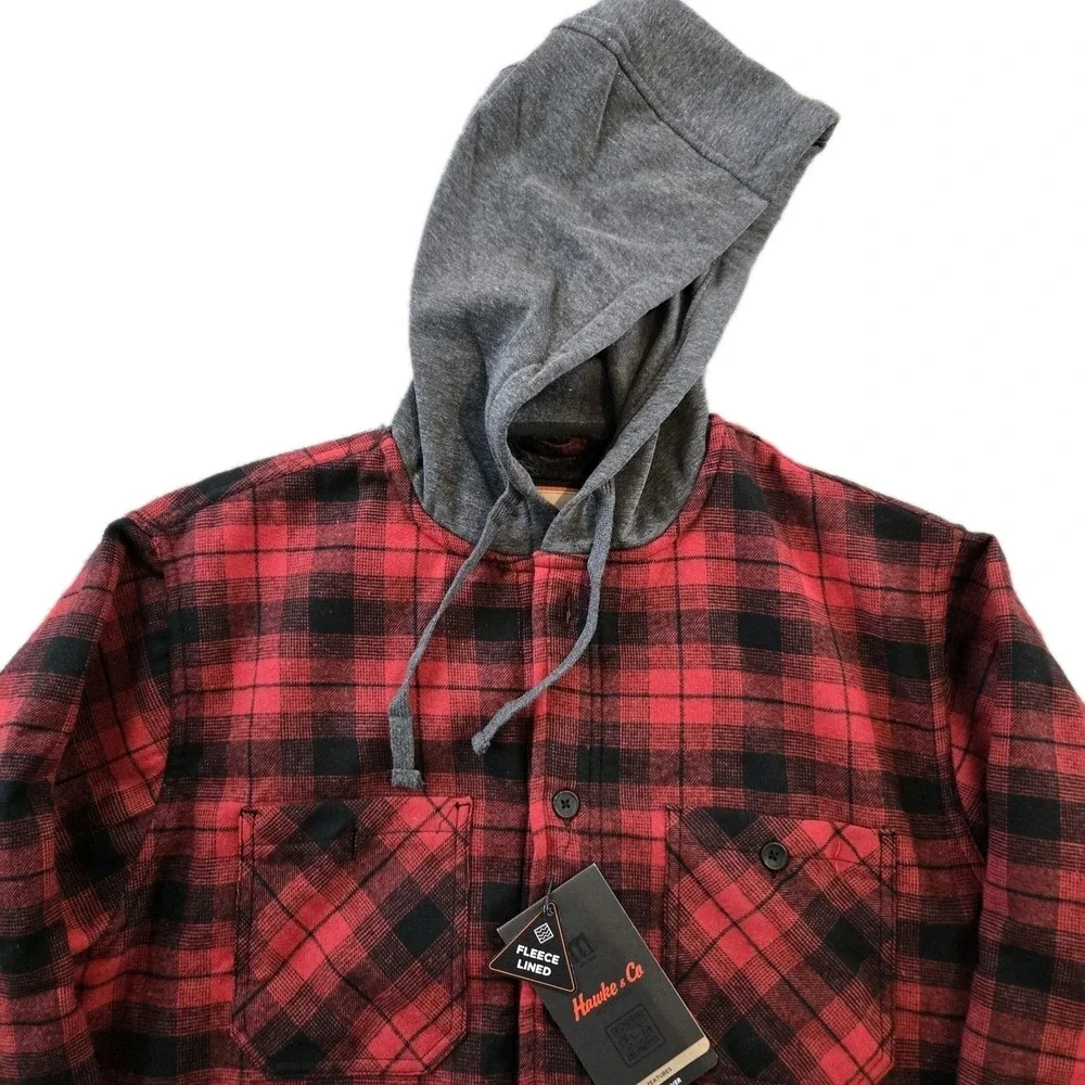 Hawke And Co. Men's Fleece Lined Shirt Jacket Black Red Plaid Hood Pockets XL - Picture 2 of 11